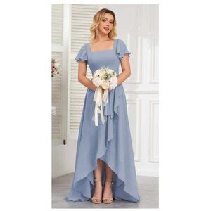 Makenna Dreamy Square Short Sleeves High Low Bridesmaid Dress in Dusty Blue